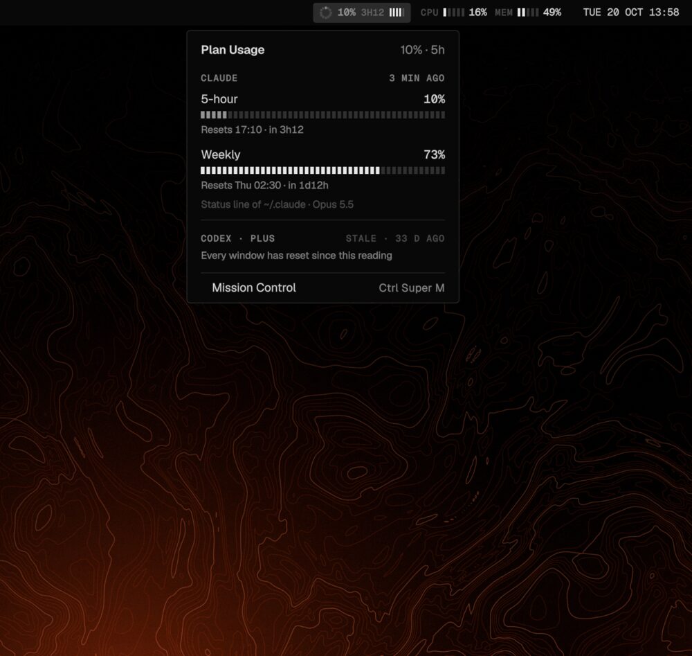 The Telemetry look: the top bar with the plan-usage ring, CPU and memory meters, and the Plan Usage popover over a red topographic wallpaper